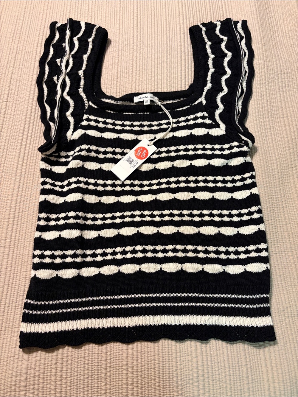 Another Love Black & White Striped Knit Ruffle-Trim Tank XS